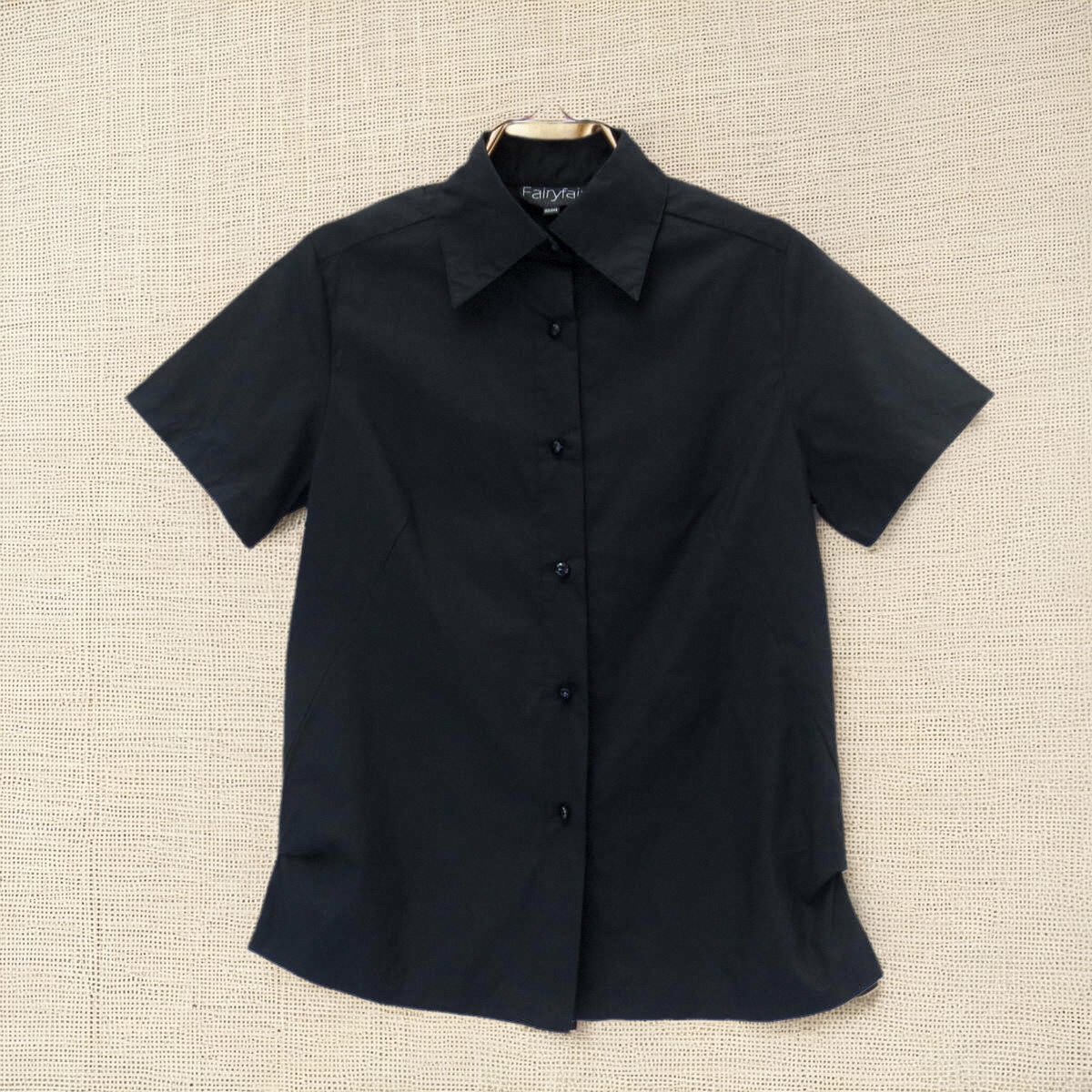 FAIRYFAIR正品高端系列黑色纯棉尖领职业通勤短袖衬衣衬衫女夏季