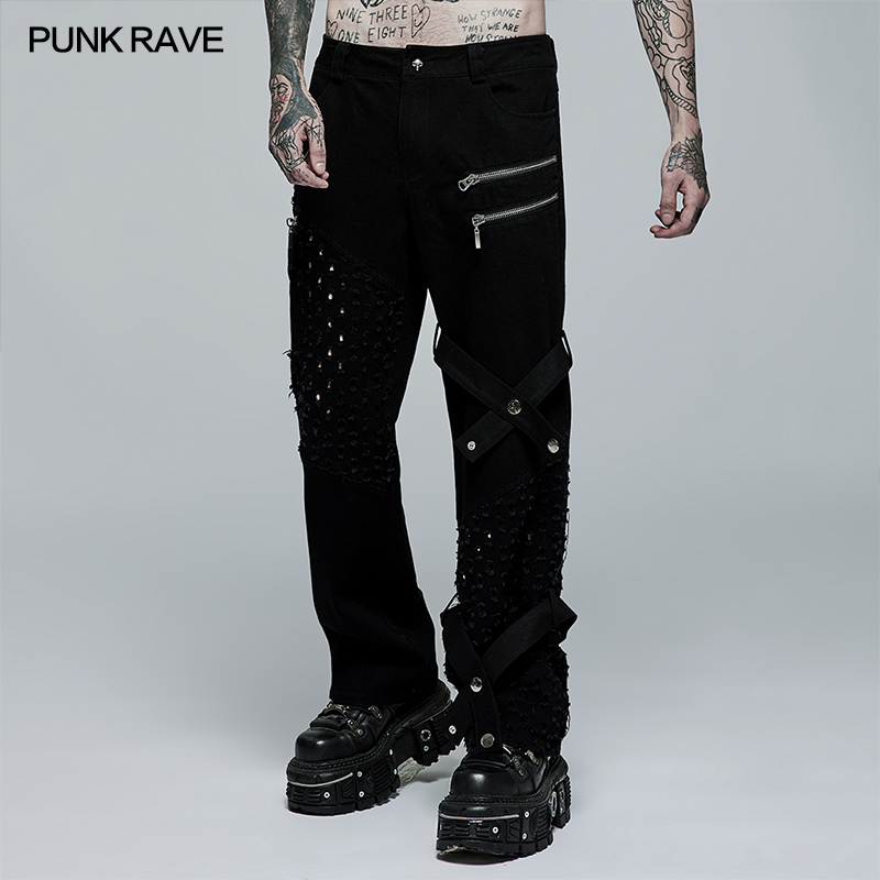 小破亚文化 PUNK RAVE pr朋克状态男装 日常直筒破洞牛仔长裤