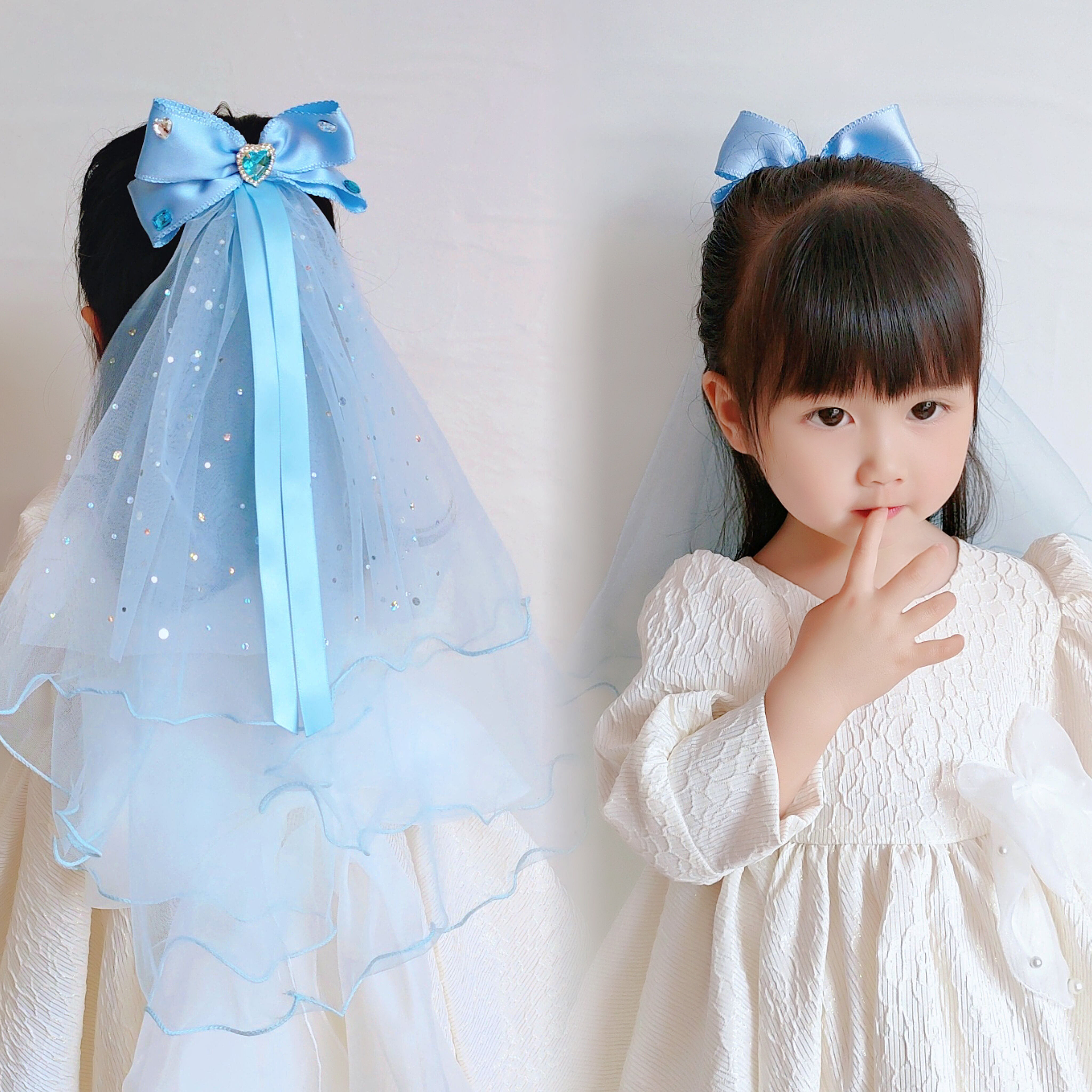 儿童超仙头纱发饰女童冰雪公主生日皇冠发夹宝宝七彩蝴蝶结飘纱