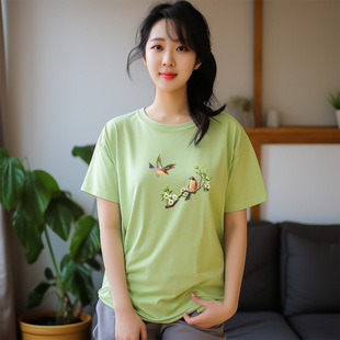 中国风印花短袖t恤女夏季纯棉休闲百搭小鸟图案多颜色可选圆领