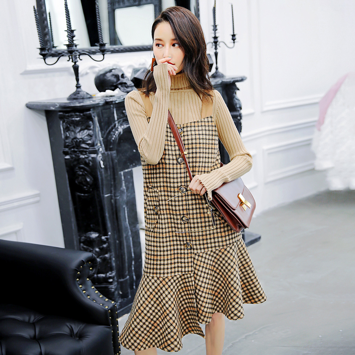 七格格背带连衣裙女2018新款冬季韩版a字不规则格子拼接无袖裙子_不