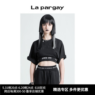 Lapargay纳帕佳2024夏新款女装黑白色上衣休闲短款五分袖圆领T恤
