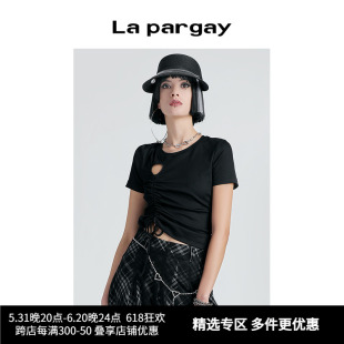 Lapargay纳帕佳夏季新款女装黑色短款上衣个性时尚休闲短袖T恤潮