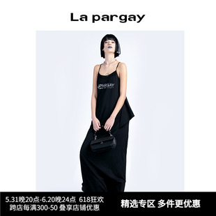 Lapargay纳帕佳2024夏季新款女装黑色裙子长款无袖吊带印花连衣裙