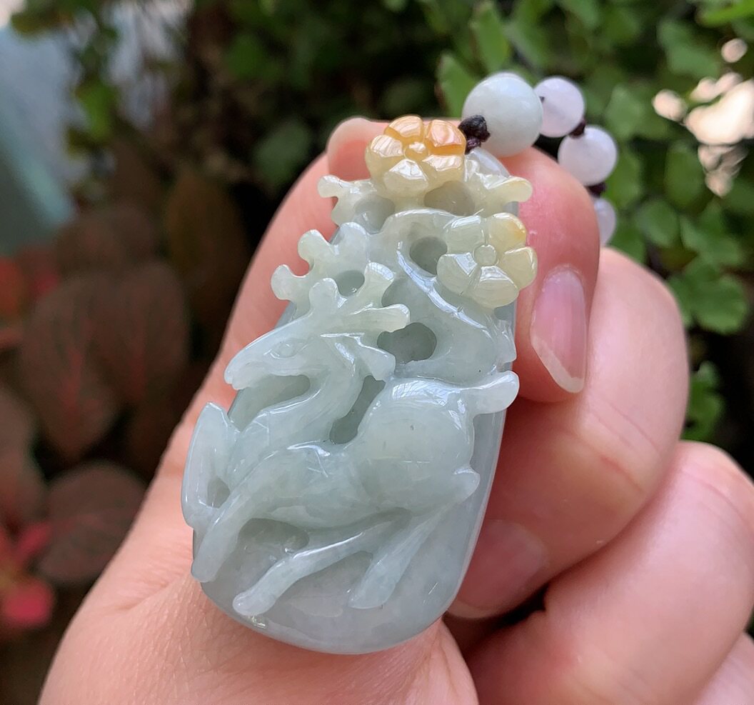 杨玉家缅甸天然a货翡翠糯种黄翡俏色梅花鹿一路连升挂件证书包邮