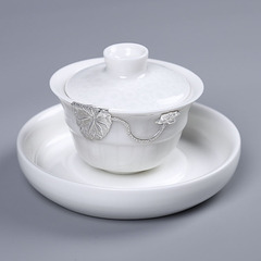 高档白玉瓷三才盖碗镶银陶瓷泡茶壶单壶功夫茶具套装纯白盖碗包邮