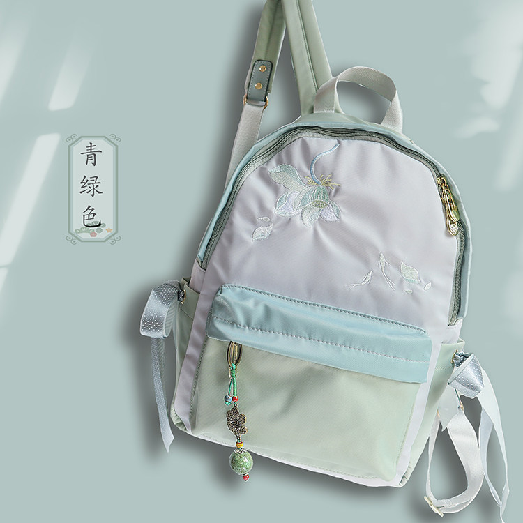 秋上新原宿文艺古风汉服古着感刺绣花卉学生双肩背书包