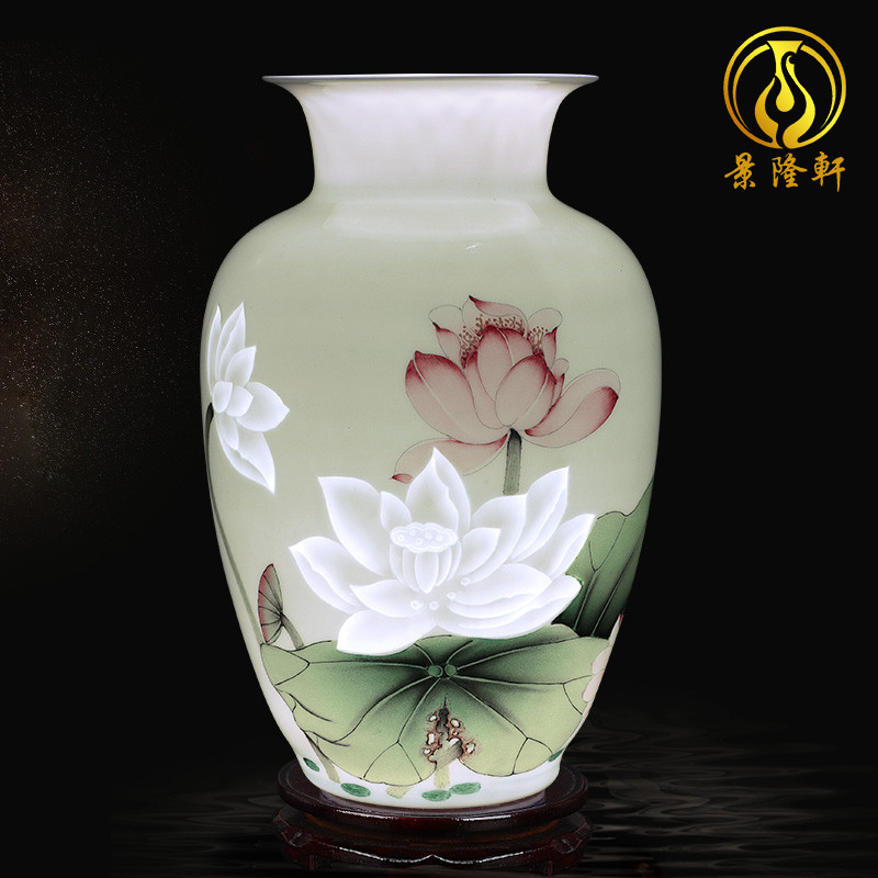 薄胎玲珑瓷创意景德镇陶瓷器荷香古韵镂刻花瓶摆件插花手绘装饰品