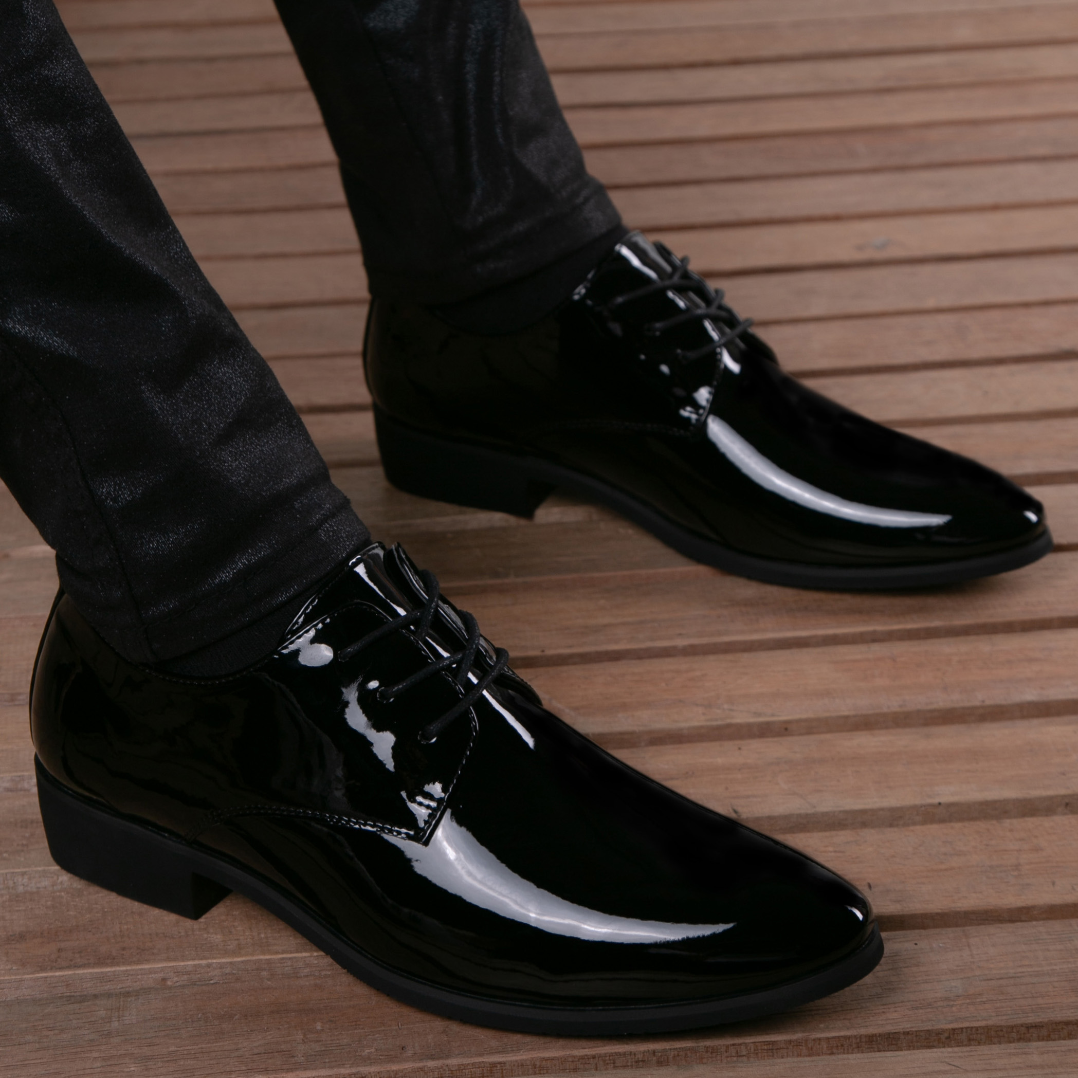 男士皮鞋韩版潮流真皮尖头皮鞋男冬季正装亮皮商务休闲内增高男鞋-mc