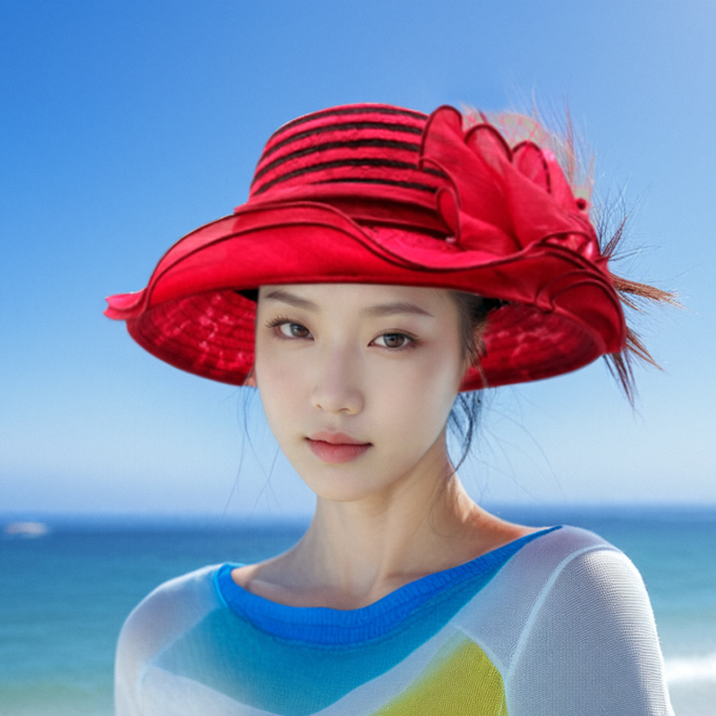 小沿红色太阳帽女款2024新款时尚洋气欧美高级感蕾丝遮阳帽子轻薄