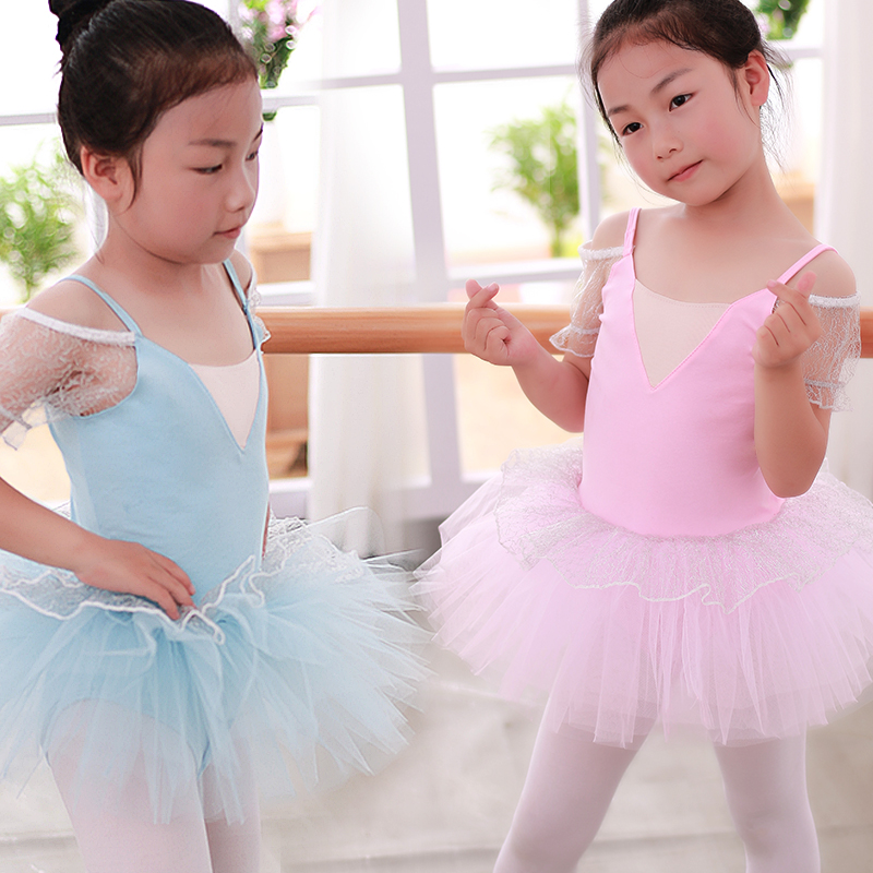 韩版舞蹈服儿童女夏天款吊带蓬纱裙芭蕾练功服粉色六一跳舞表演服