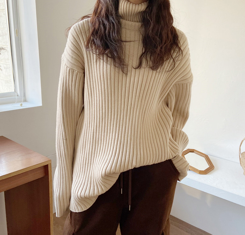 韩国大高领毛衣条纹竖条简洁显瘦新款2020代购大码女装