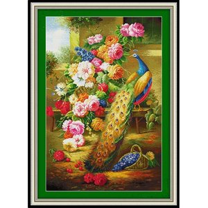 自己绣孔雀十字绣竖版孔雀图富贵荣华客厅玄关走廊过道竖款14ct格