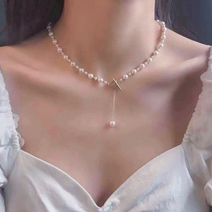 天然淡水珍珠项链女小众设计感 法式复古轻奢14k注金四叶草锁骨链