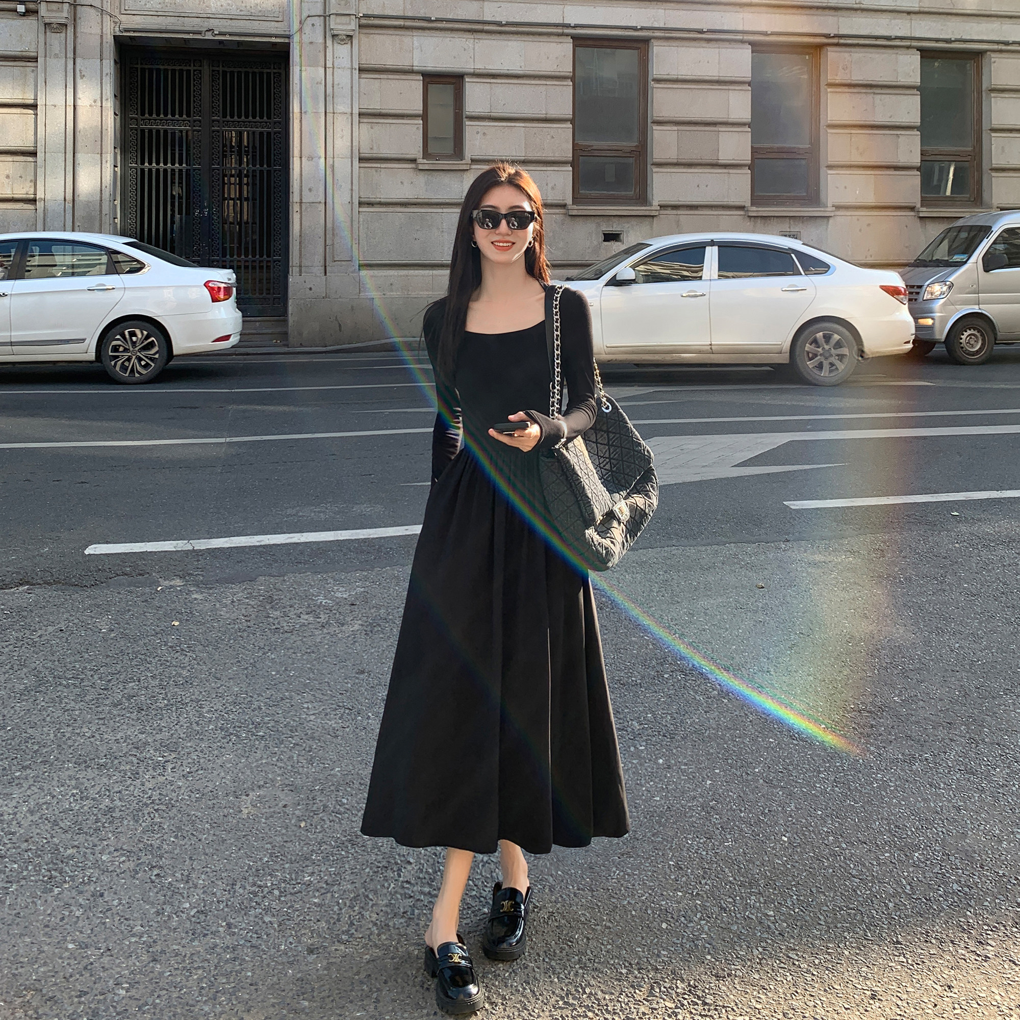 mulvan黑色法式方领长袖针织连衣裙女春秋新款设计感小众显瘦裙子