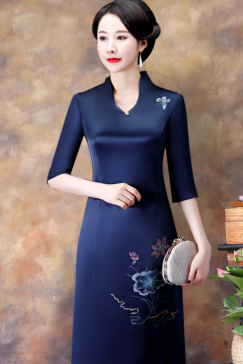 秋季妈妈礼服平时可穿蓝色醋酸缎旗袍中长款喜婆婆婚宴装高贵洋气