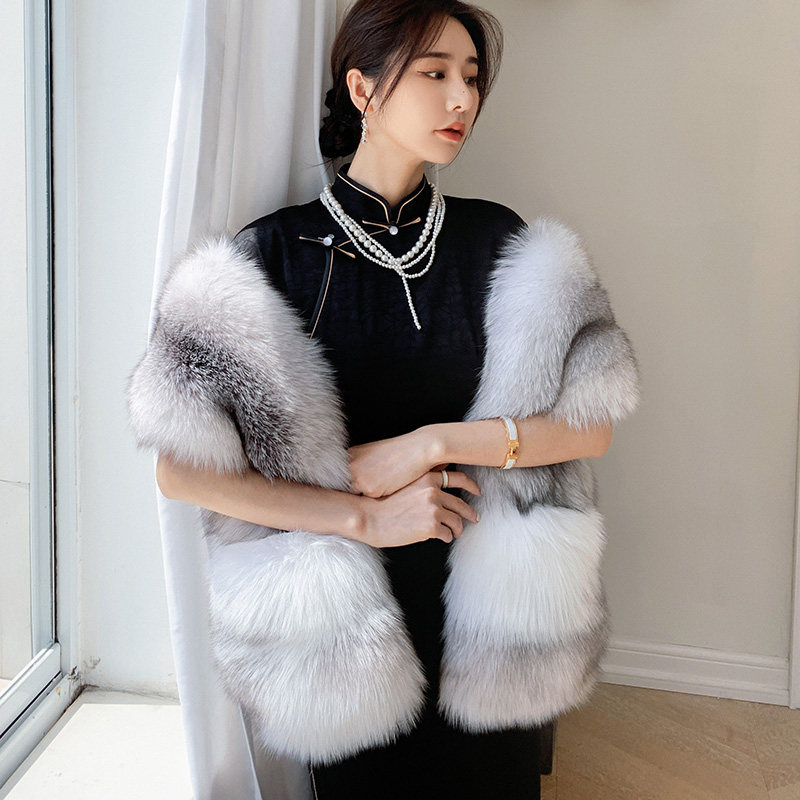 新款整张结婚旗袍百搭真狐狸毛皮草围巾冬季女银狐兜兜加厚披肩