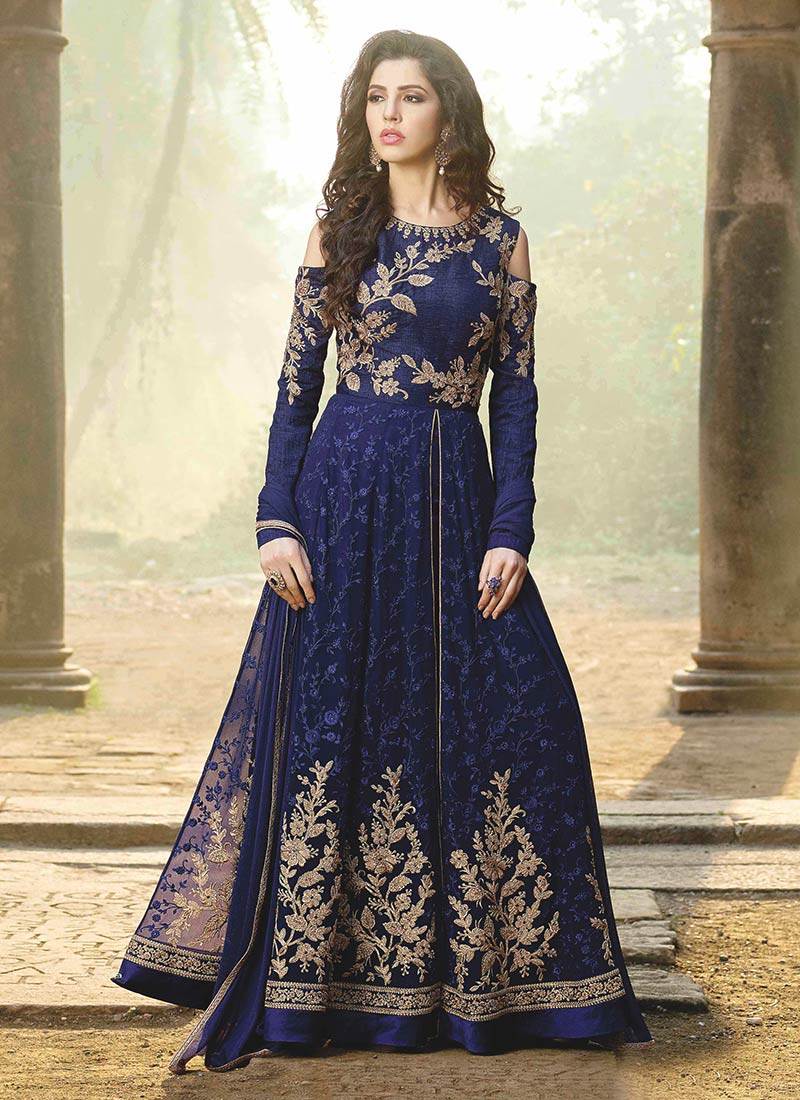 野人小饰 印度服饰女重工刺绣乔其纱长裙3件套表演服礼服深蓝色