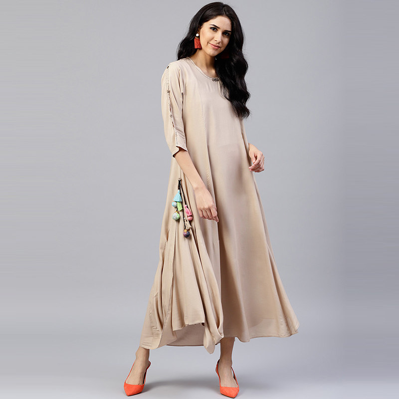 野人小饰印度女装绵绸民族风长款圆领服饰上衣长袍2019新款卡其色