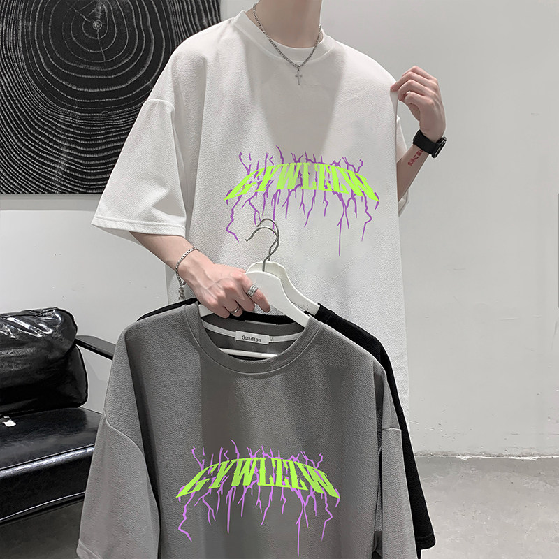 2021夏季短袖t恤男士潮流宽松开衩体恤打底衫五分袖男tk21605p30