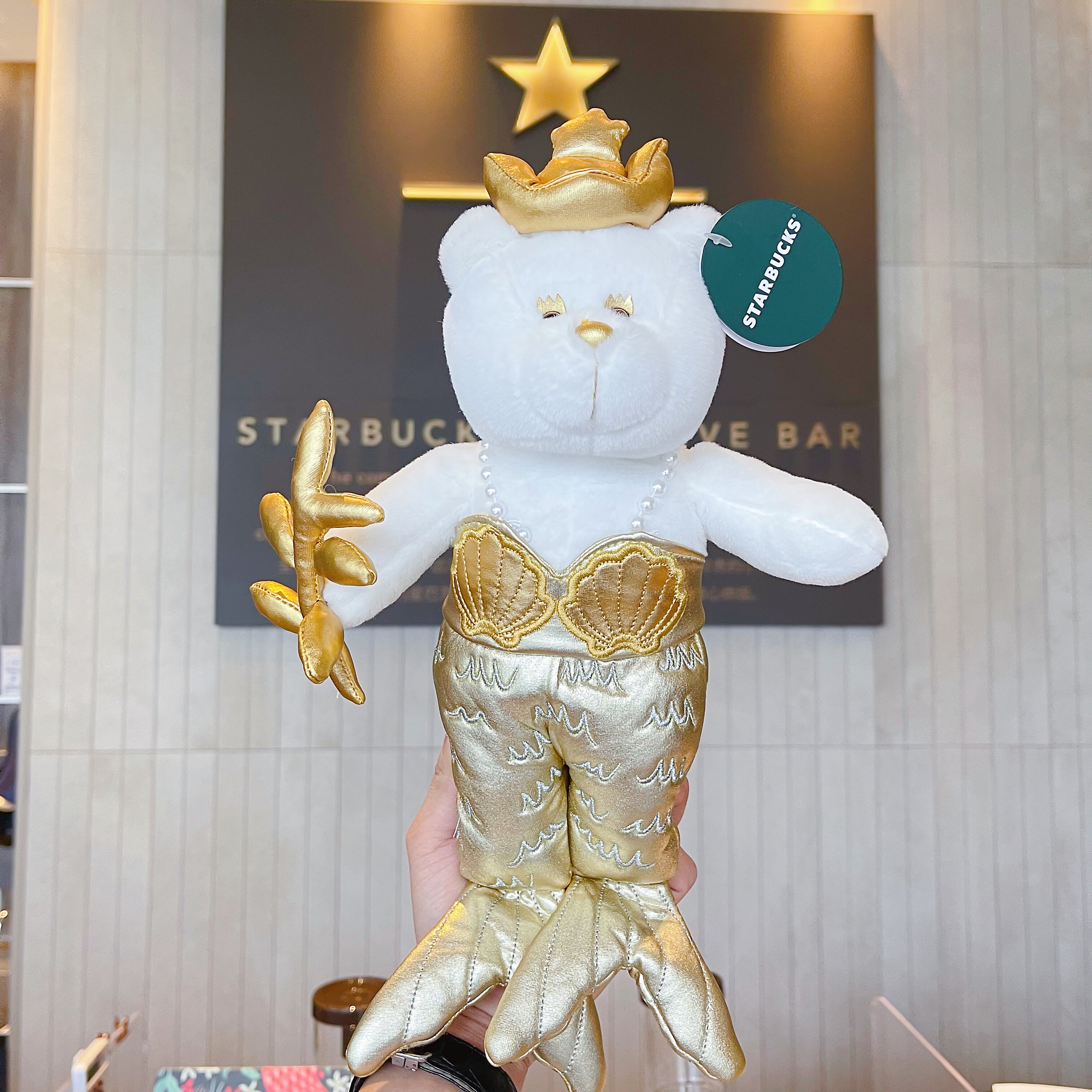 星巴克50周年金色皇冠双尾美人鱼鳞造型毛绒玩偶小熊儿童安抚玩具