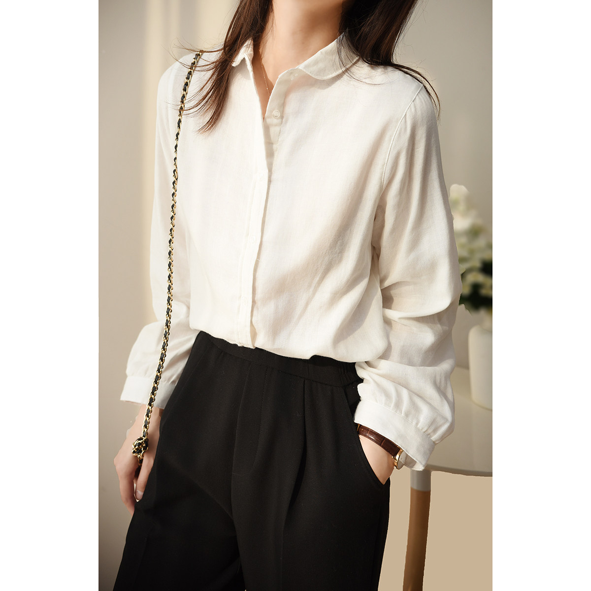 日系 纱布衬衣 越洗越软 女士小翻领双层棉纱长袖衬衫春秋款 女装