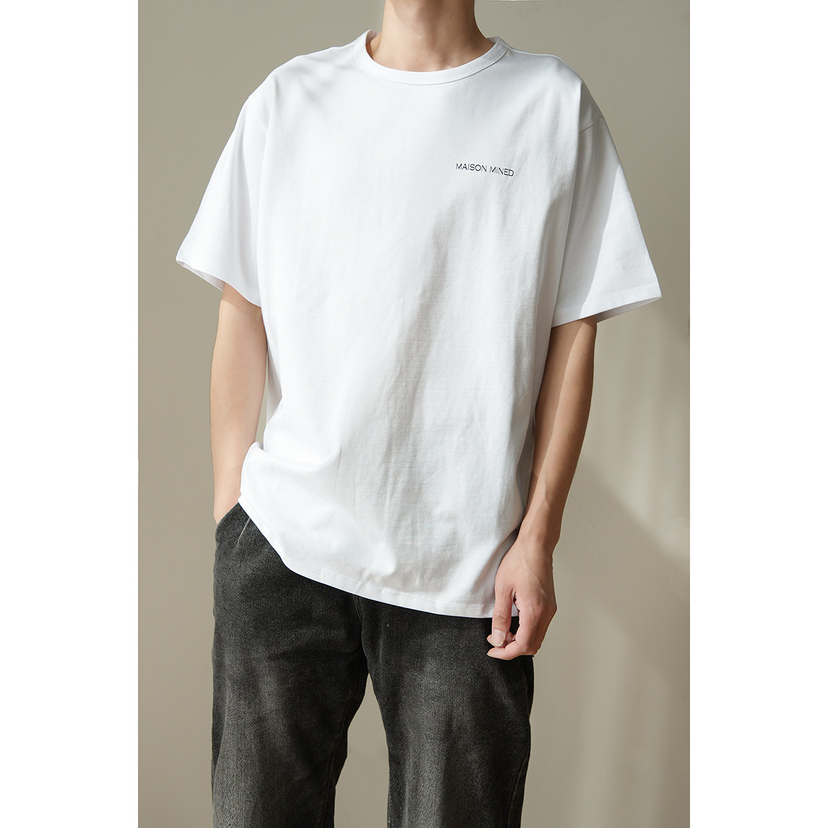 无补 白色t恤男士短袖上衣 纯色宽松打底衫圆领 夏款 男装