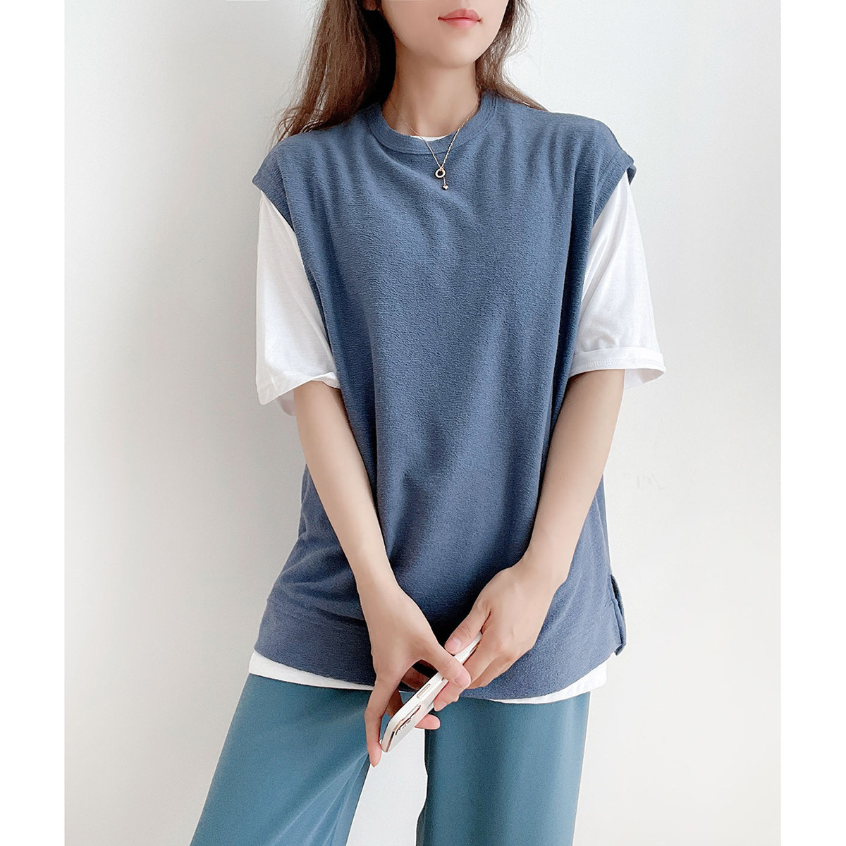 日系 无补 女士纯色t恤衫 薄款无袖上衣背心 短袖打底衫 白t夏装