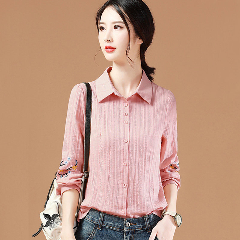 棉质面料衬衫入秋新款上衣女纯棉豆沙粉衬衣洋气全棉寸衫韩版潮流