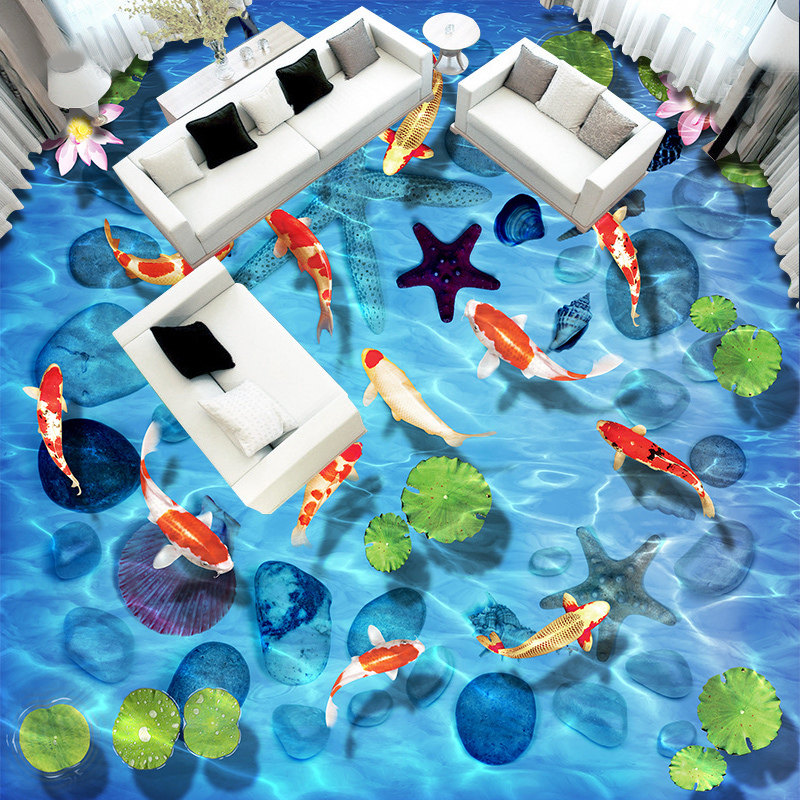 ms定制3d立体客厅墙贴自粘胶地砖地贴 卧室板贴画贴纸 海底鱼荷花