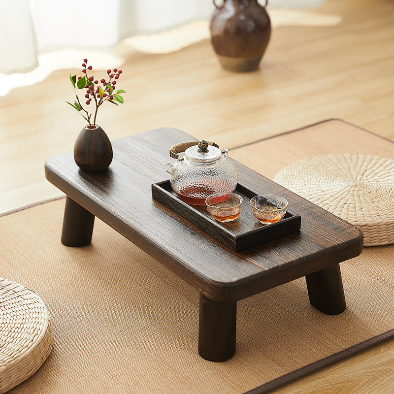 榻榻米茶桌实木矮炕桌日式茶台地桌坐地做旧床上茶几桌飘窗小桌子