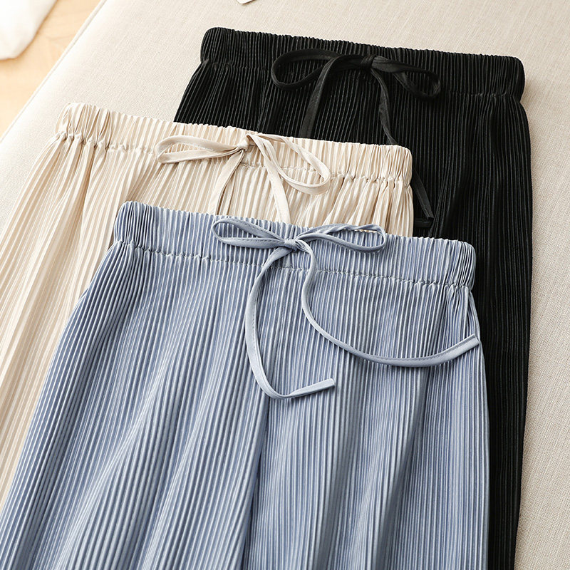 阔腿裤女夏季薄款新款高腰宽松直筒裤垂感冰丝百褶竖条纹休闲裤子