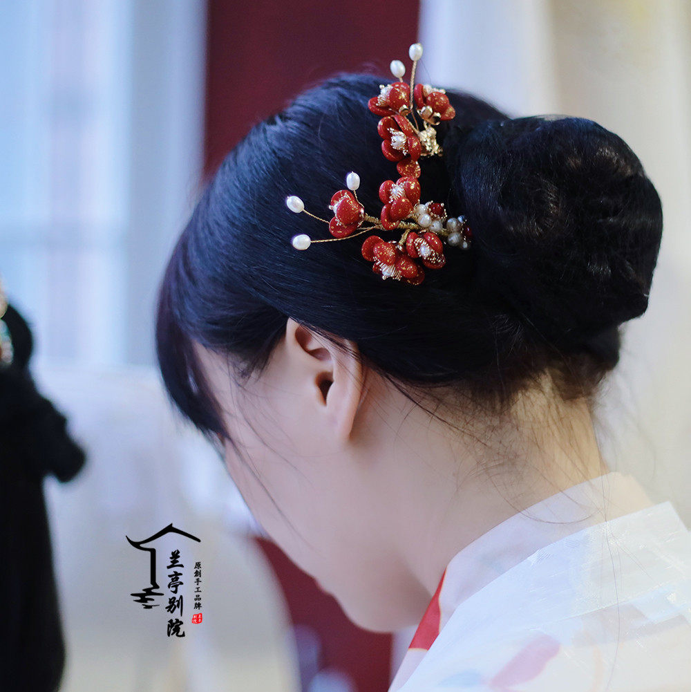 兰亭别院【寄君相思意】洒金红色复古发饰宋制汉服簪花头饰原创钗