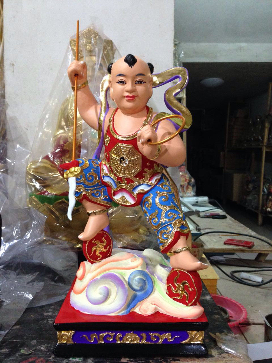 30公分 哪吒三太子 双轮肚兜哪吒 香樟木雕刻中坛元帅佛像摆件