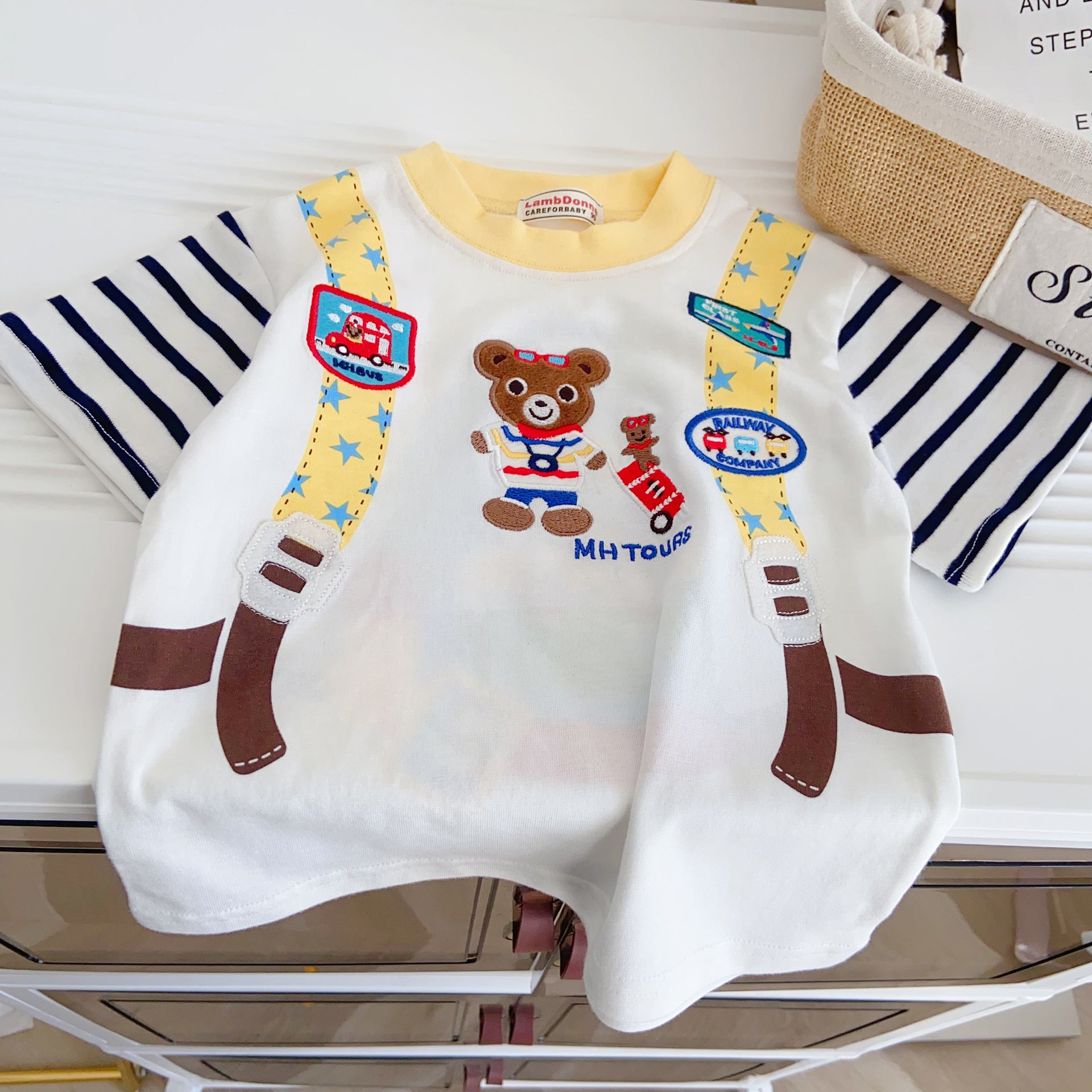 日系Miki男童短袖T恤 夏季卡通背包拼接可爱宝宝半袖上衣洋气潮款