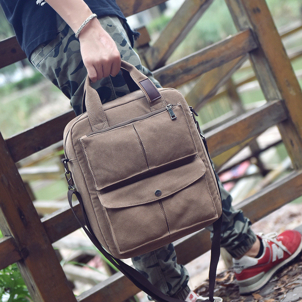多用帆布男士单肩包手提包竖款休闲男包简约男式包包斜挎包手拎包