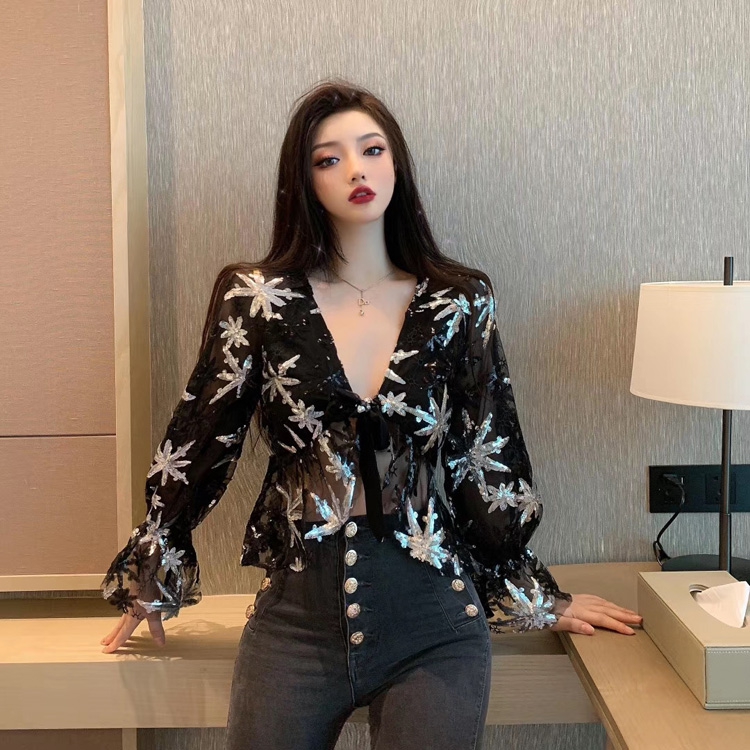 bling亮片星星性感V低领黑色网纱衬衫不规则绑系蝴蝶结仙气上衣女|msdalam kategori Butik wanita / wanita, shirt - dari Buy2taobao.com untuk memberikan perkhidmatan ejen Taobao profesional membeli