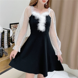 Real shooting sexy retro wool low chest backpack hip dress party dress