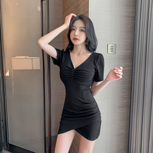 Real shooting spot new pure cotton high elastic tight bag hip irregular Pleated Dress