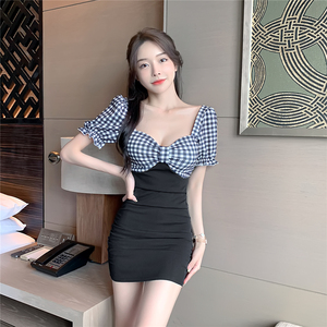 Contrast panel check wrap hip Short Sleeve Dress