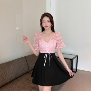 V-neck low cut big swing dress lace short sleeve night work clothes