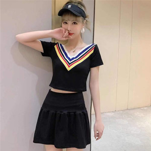 Live shooting 2021 spring and summer fashion V-neck Top + high waist wrap hip skirt suit