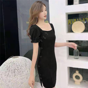 Real shooting girl's improved retro thin black split slim cheongsam dress