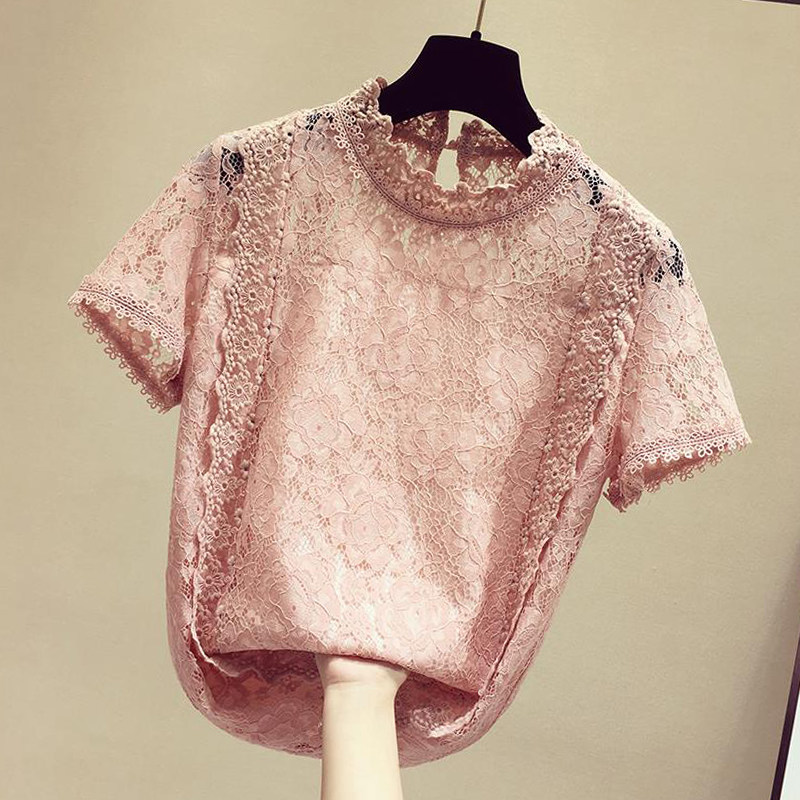 上衣女短袖2020新款时尚百搭小衫雪纺打底衫女洋气镂空t恤女优惠券