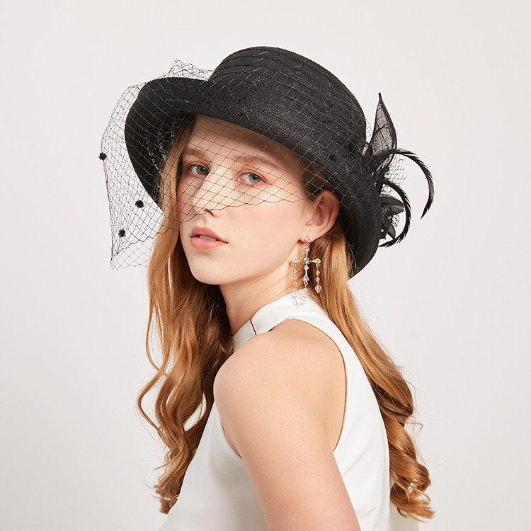 潮夏季卷边遮阳帽女士防晒遮脸帽子英伦复古蕾丝网纱花朵时尚礼帽