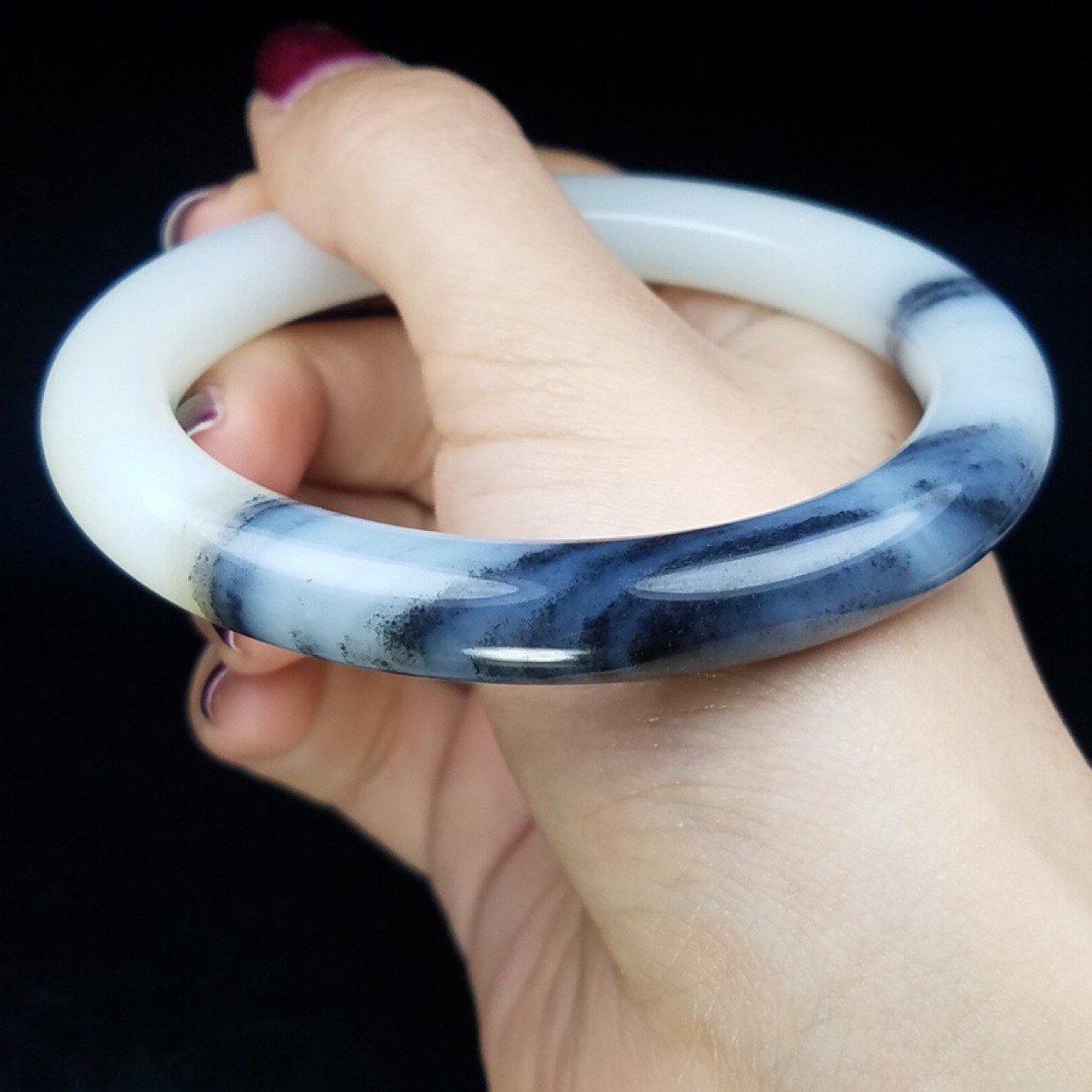 青花圆条玉镯59圈口带证书手镯籽料手饰