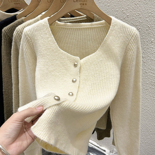 2023秋冬方领法式针织开衫女设计感小众短款毛衣外套长袖打底上衣