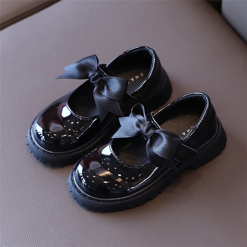 2021春秋新款女童皮鞋亮皮大头蝴蝶结公主鞋韩版中大童黑色表演鞋