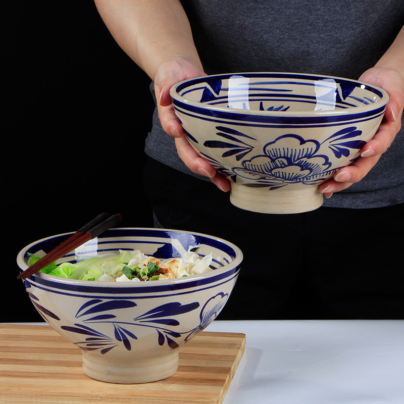 复古土陶牛肉拉面碗中式手绘青花高脚加厚防烫泡面碗特色大号汤碗