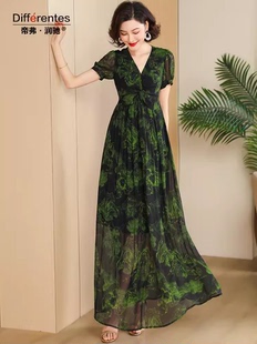 帝弗润驰夏季新款法式复古墨绿色印花雪纺连衣裙气质修身大摆长裙